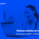 Imagen en fondo azul de una mujer sentada al frente de un computador portatil. En la imagen se lee el texto: Últimas noticias de la CNSC Convocatoria INPEC Administrativos.