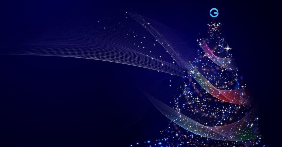 Gráfica de un árbol de navidad delineado con luces, logo del GrupoGeard en la punta del árbol
